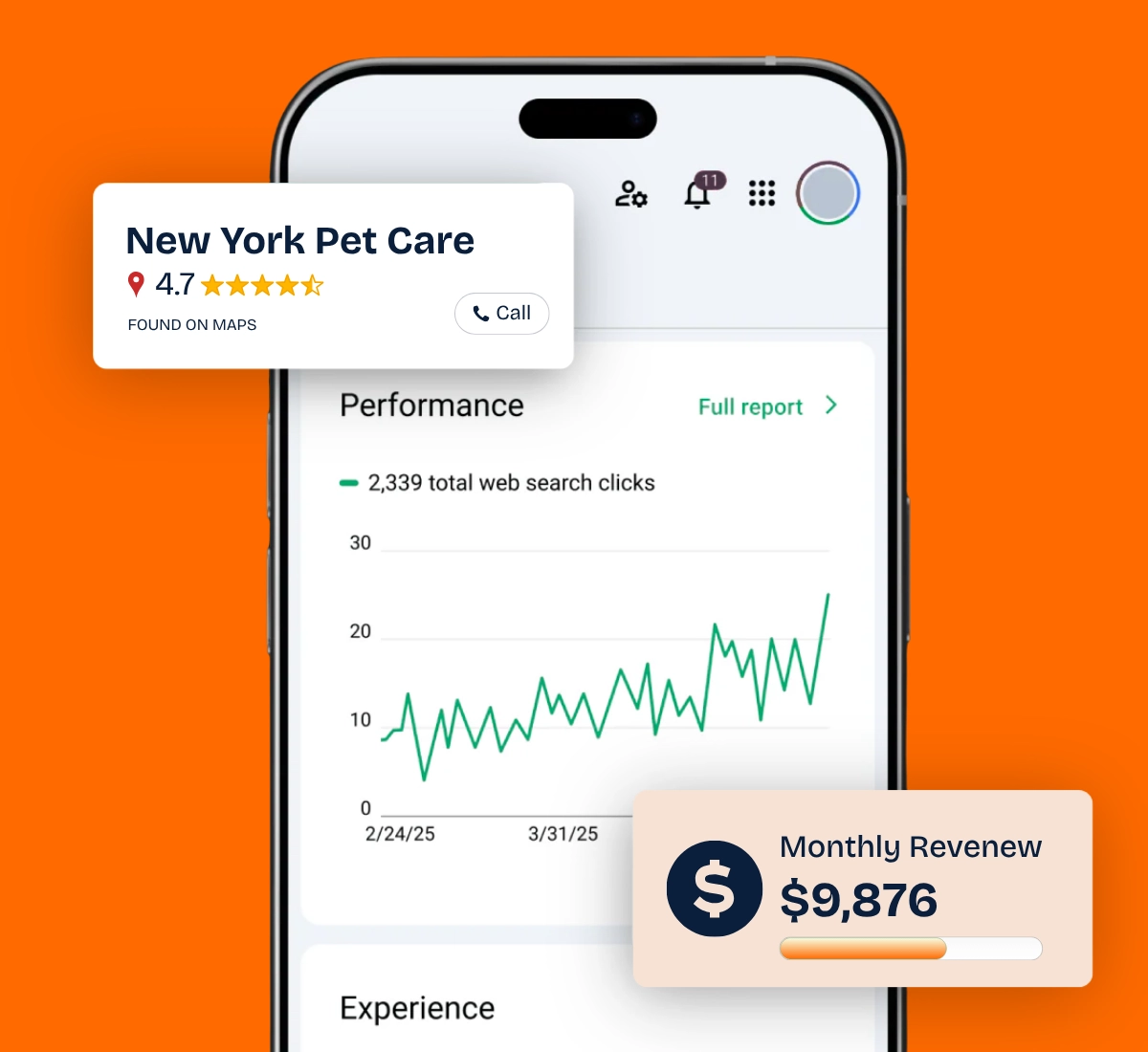 Phone screen showing a pet business ranking on Google Maps with rising search click growth