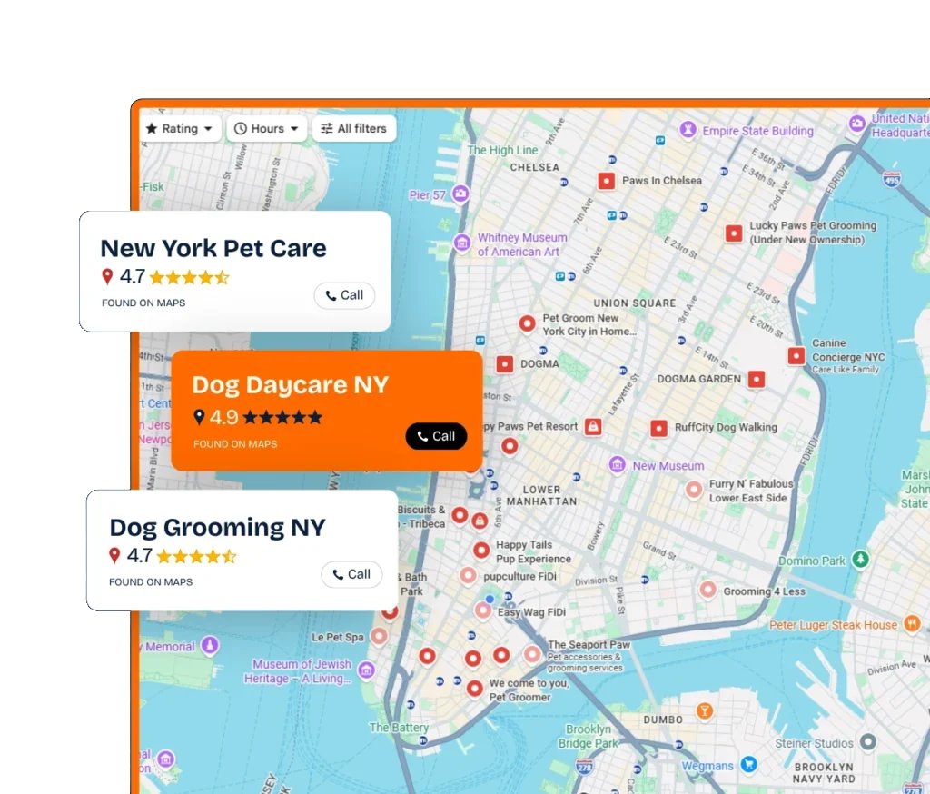 Google Maps results showing a pet business ranked in the top three local pack positions.