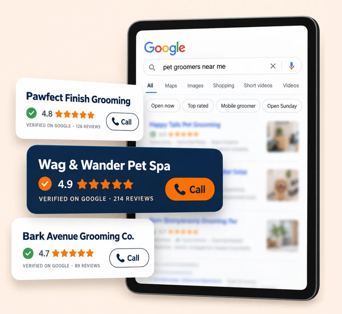 Google search results for "pet groomers near me" on a tablet, showing verified grooming businesses with star ratings, review counts and call buttons.