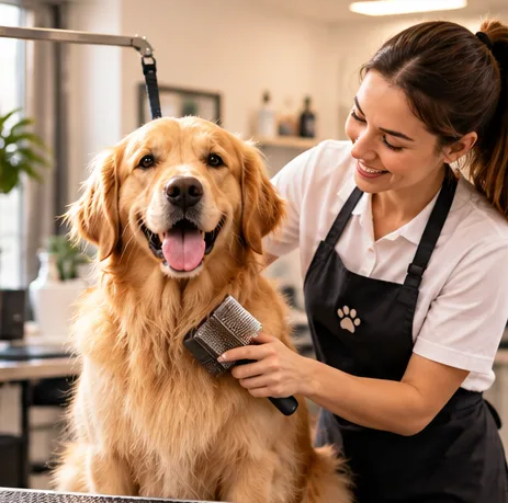 Groomer brushing a golden retriever in a grooming salon