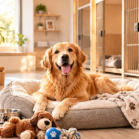 Golden retriever relaxing on a bed in a dog daycare suite