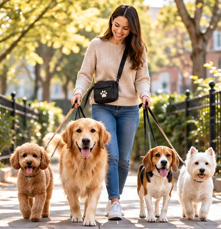 Pet sitter walking four dogs through a sunny park