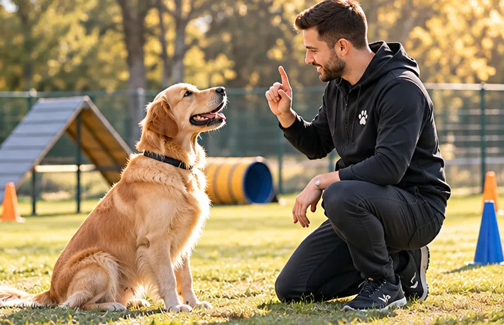 Dog trainer giving a sit command to a golden retriever on a training field