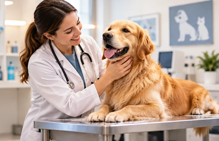 Veterinarian examining a happy golden retriever in a clinic