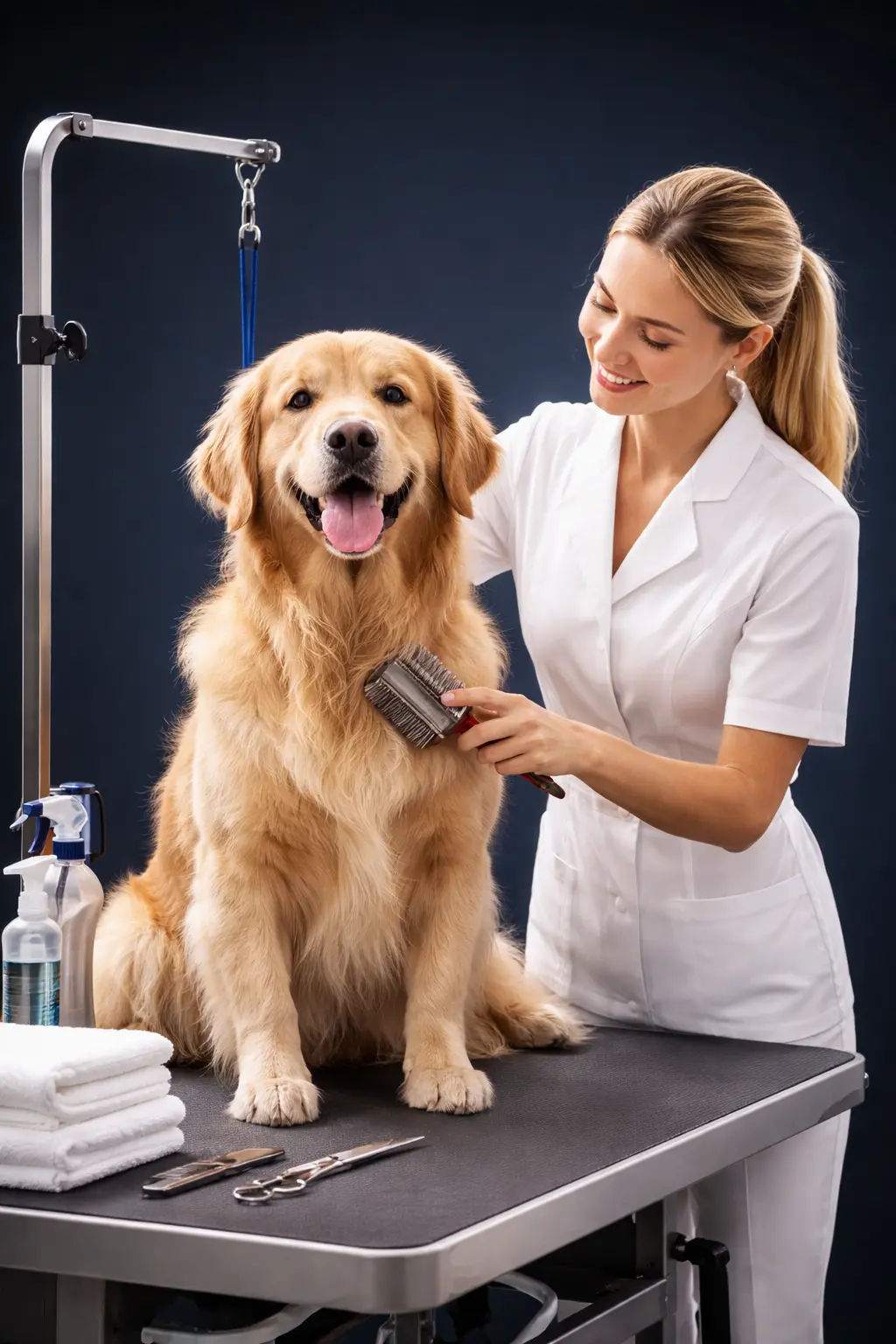 Professional dog groomer in a white uniform grooming a fluffy dog at a pet grooming salon — PetRankers local SEO for pet groomers